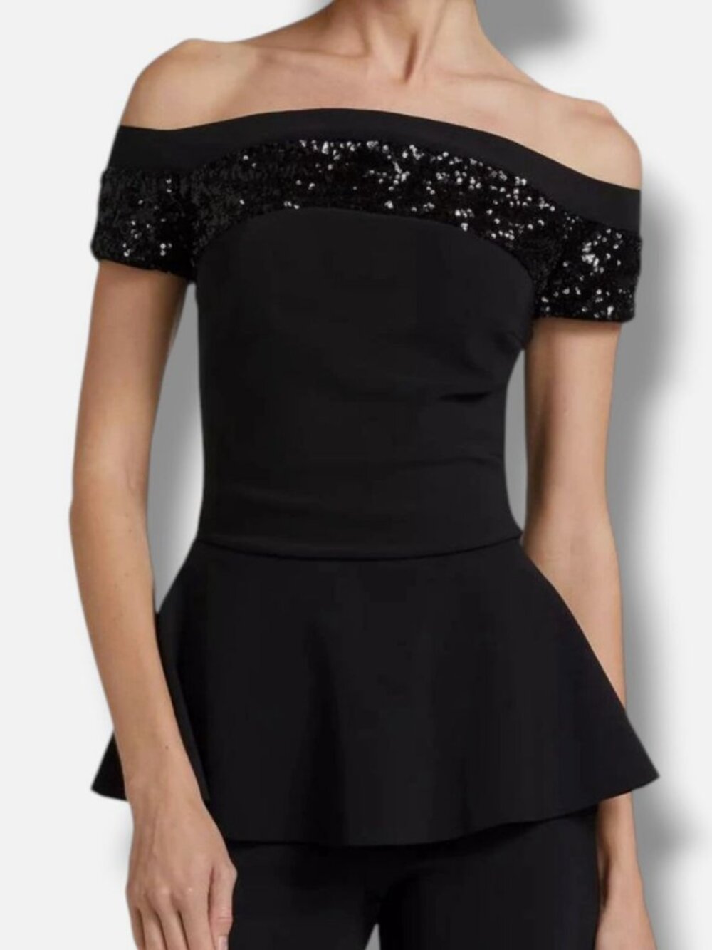 Chiara Boni Women's Black Kissa Paillettes Sequined Off-Shoulder Top Size 44